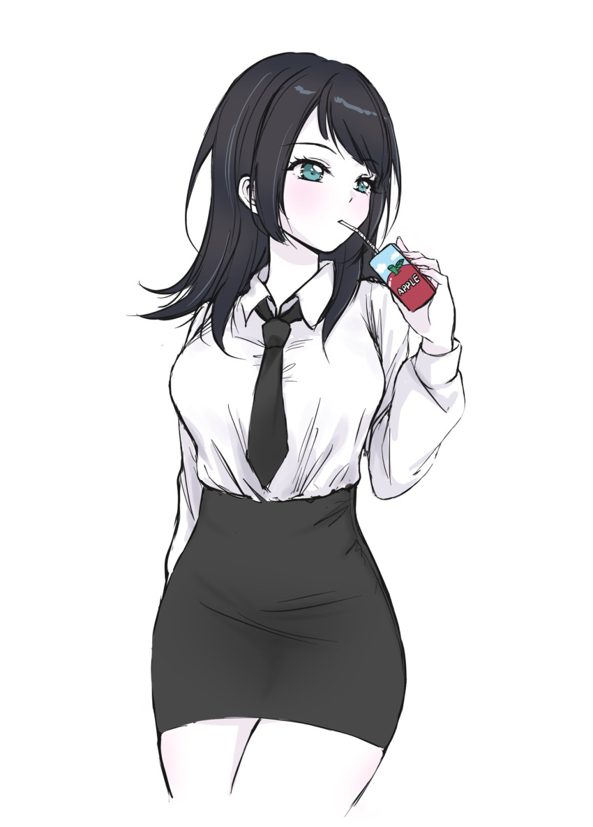 1girl bang_dream! bang_dream!_it's_mygo!!!!! black_hair black_necktie black_skirt blue_eyes collared_shirt commentary cowboy_shot drinking_straw drinking_straw_in_mouth hashtag-only_commentary highres juice_box long_hair long_sleeves necktie pencil_skirt ppora shirt shirt_tucked_in simple_background skirt solo white_background white_shirt yahata_umiri