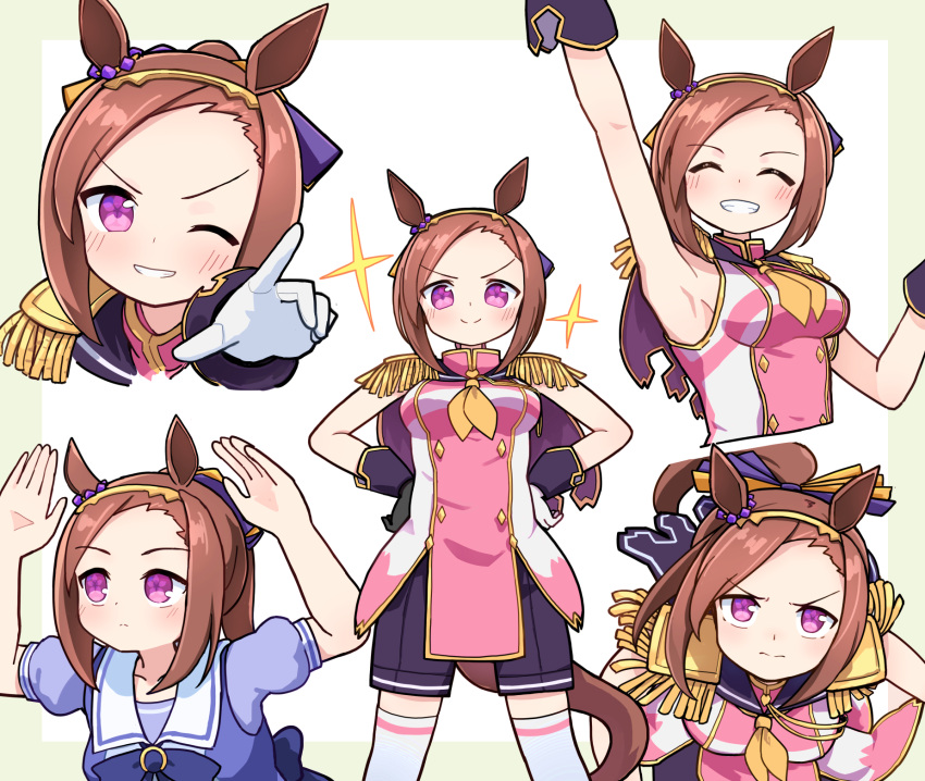 &gt;:) 1girl ^_^ animal_ears arm_up armpits arms_up asymmetrical_gloves black_gloves black_shorts blue_shirt blush breasts brown_hair closed_eyes closed_mouth commission epaulettes feet_out_of_frame floating_hair forehead gloves grey_background grin hands_on_own_hips highres horse_ears horse_girl horse_tail jacket kibisake long_hair medium_breasts mismatched_gloves multiple_views neckerchief one_eye_closed pink_jacket ponytail sakura_bakushin_o_(umamusume) school_uniform shirt shorts skeb_commission sleeveless sleeveless_jacket smile sparkle standing swept_bangs tail thighhighs tracen_school_uniform two-tone_background umamusume v-shaped_eyebrows white_background white_gloves white_thighhighs yellow_neckerchief