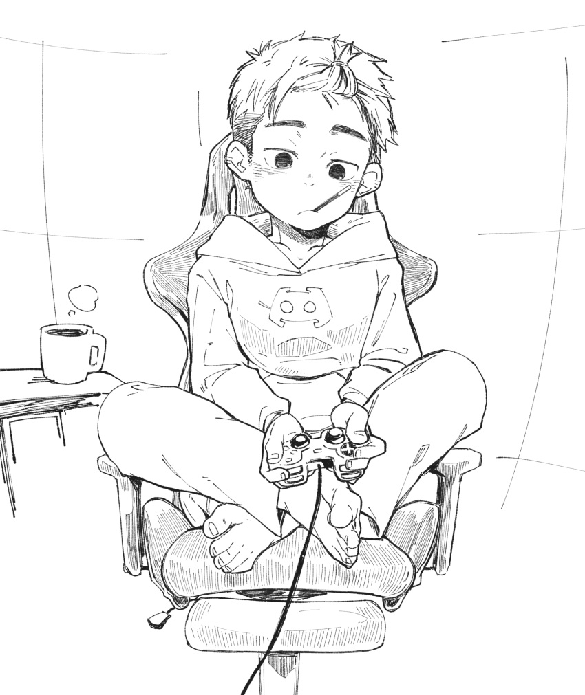 1boy barefoot chair coffee commentary dated_commentary discord feet greyscale highres holding indoors looking_at_viewer male_focus monochrome original simple_background sitting sketch solo table tetsutappuri