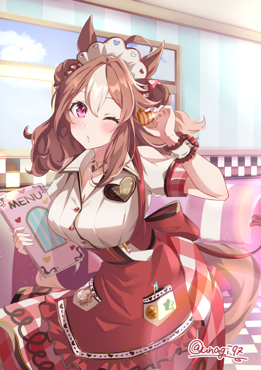 1girl absurdres ahoge alternate_costume animal_ears breasts brown_hair chocolate cleavage collarbone commentary_request copano_rickey_(umamusume) food hair_ornament highres holding holding_menu horse_ears horse_girl horse_tail jewelry looking_at_viewer medium_breasts menu necklace one_eye_closed purple_eyes sodemaru_unagi sweets tail twitter_username umamusume waitress window