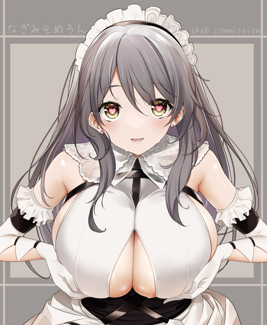 1girl artist_name azur_lane breasts breasts_squeezed_together charybdis_(azur_lane) clothing_cutout commission earrings elbow_gloves gloves grey_background grey_hair heart heart-shaped_pupils highres jewelry long_hair looking_at_viewer maid maid_headdress misato_nagi open_mouth sideboob skeb_commission solo symbol-shaped_pupils underboob_cutout upper_body white_gloves yellow_eyes