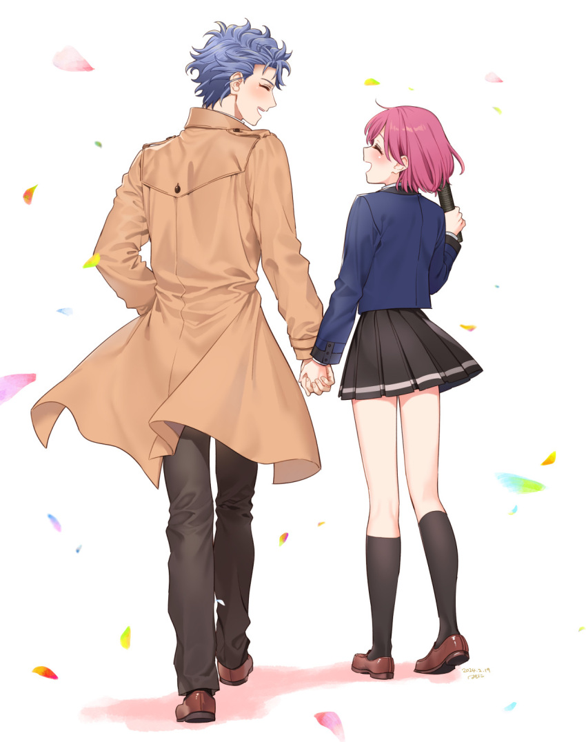 1boy 1girl artist_name black_pants black_skirt black_socks blue_jacket blush bob_cut brown_coat brown_footwear closed_eyes coat couple dated facing_away falling_petals from_behind full_body grey_hair hetero highres holding_hands jacket krudears loafers long_sleeves open_mouth pants petals pink_hair pleated_skirt protagonist_(tokimemo_gs3) shitara_seiji shoes short_hair skirt smile socks tokimeki_memorial tokimeki_memorial_girl's_side_3rd_story walking white_background