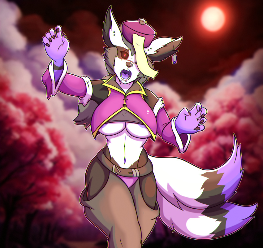 anthro asian_mythology blood_moon chinese_mythology claws clothed clothing east_asian_mythology female forest forest_background fox_spirit fur hi_res jiangshi looking_at_viewer mythology nature nature_background plant red_eyes scar solo thony_dog tree undead white_body white_fur