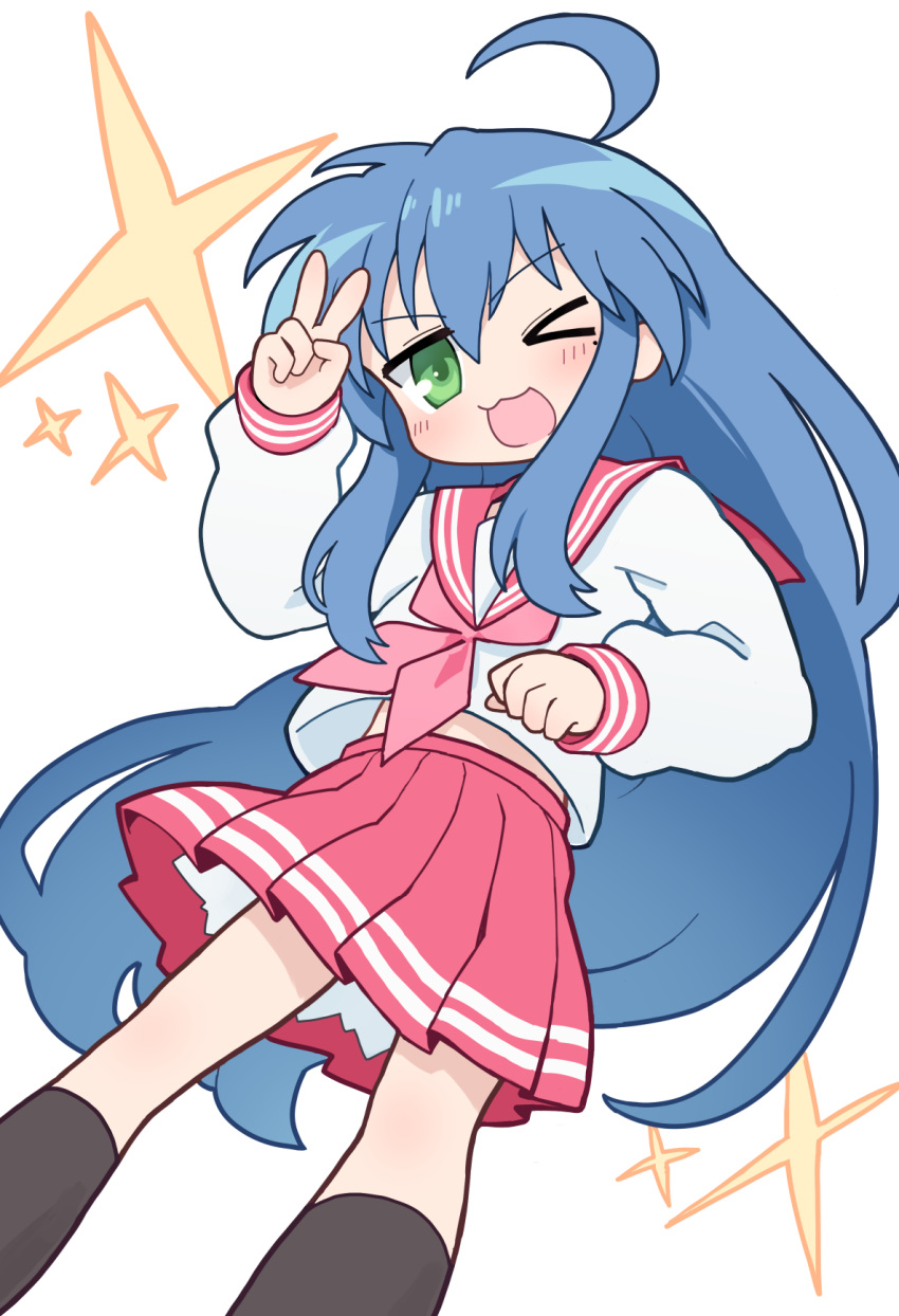 &gt;_o 1girl ;d ahoge arm_up black_socks blue_hair blush commission green_eyes hair_between_eyes highres izumi_konata kibisake kneehighs long_hair long_sleeves lucky_star neckerchief one_eye_closed pink_neckerchief pleated_skirt puffy_long_sleeves puffy_sleeves red_sailor_collar red_skirt sailor_collar shirt simple_background skeb_commission skirt sleeves_past_wrists smile socks solo sparkle v very_long_hair white_background white_shirt