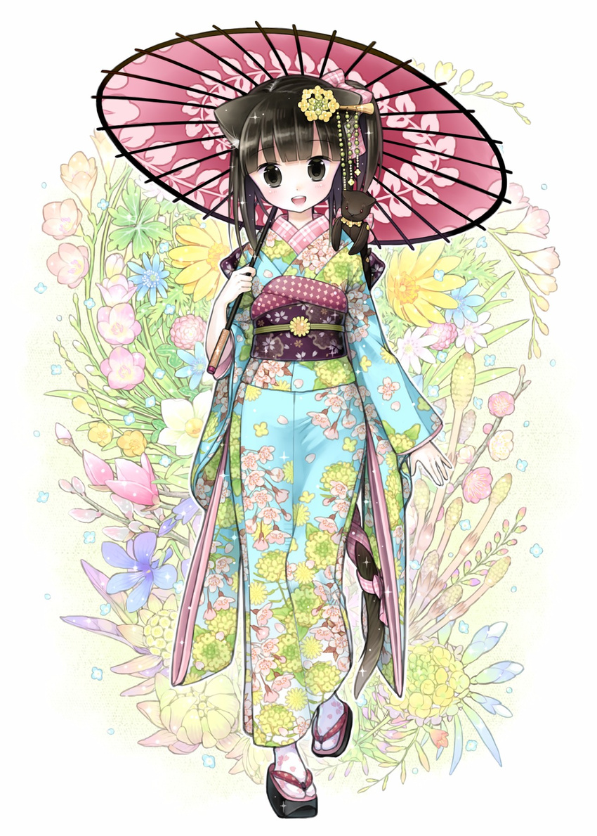 animal_ears kimono kuroinu nekomimi tail umbrella