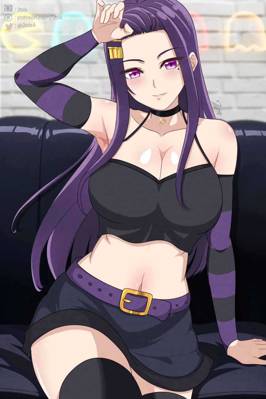 1girl 2bls absurdres akino_sayuri arm_up armpits bare_shoulders belt black_skirt black_thighhighs breasts cleavage couch crop_top dosanko_gal_wa_namaramenkoi forehead hair_ornament hairclip highres large_breasts miniskirt on_couch paid_reward_available purple_belt purple_eyes purple_hair skirt smile solo striped_sleeves thighhighs