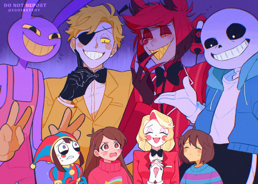 1other 3girls 4boys ahoge alastor_(hazbin_hotel) antenna_hair bill_cipher black_sclera blue_jacket brown_hair charlie_morningstar claws colored_sclera egosketchy frisk_(undertale) gloves gravity_falls hat hazbin_hotel highres index_finger_raised jacket jax_(the_amazing_digital_circus) jester_cap long_hair mabel_pines multiple_boys multiple_girls personification pomni_(the_amazing_digital_circus) red_eyes red_hair red_sclera sans_(undertale) shirt short_hair skeleton the_amazing_digital_circus trait_connection undertale v very_long_hair white_gloves white_shirt yellow_sclera