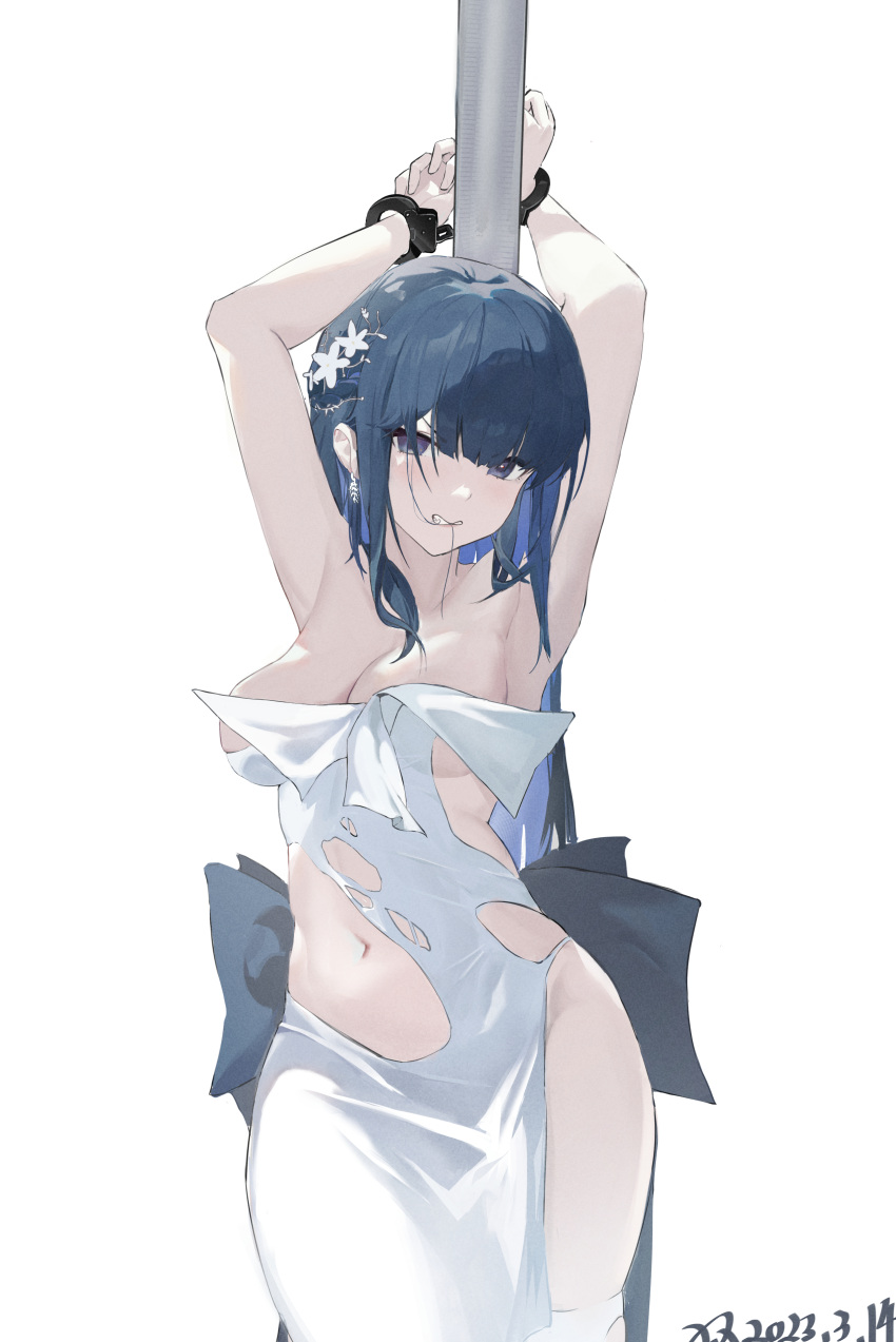 1girl absurdres armpits blue_archive blue_eyes blue_hair cuffs dress glaring grabbing grabbing_another's_breast hair_ornament handcuffs highres long_hair midriff navel restrained saori_(blue_archive) saori_(dress)_(blue_archive) solo thighs xiqinhaohaochi