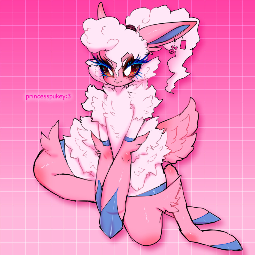 anthro blue_eyelashes eyelashes female fluffy fur hair hi_res melpaca pal_(species) palworld pink_body pink_ears pink_tail pocketpair ponytail princesspukey smile solo tail thick_thighs tongue tongue_out white_body white_fur wool_(fur)