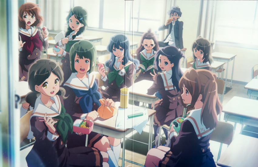 &gt;:( 6+girls :d :o absurdres blue_neckwear book braid chair chopsticks crease curtains desk eating extra food forehead from_side frown furoshiki gakuran glasses green_neckwear hair_ornament hairclip hashi_hiroe hibike!_euphonium highres hirao_sumiko ikeda_shouko kneehighs long_hair looking_back lunch maki_chikai miya_kiriko morita_shinobu_(hibike!_euphonium) multiple_girls neckerchief obentou official_art ogasawara_haruka okamoto_raimu on_desk onigiri open_book open_mouth oumae_kumiko papers pleated_skirt profile red_neckwear rice saitou_aoi scan school_desk school_uniform serafuku short_hair sitting sitting_on_desk skirt smile standing takigawa_chikao thermos topknot twin_braids twintails v v-shaped_eyebrows white_legwear window wrapped_obentou