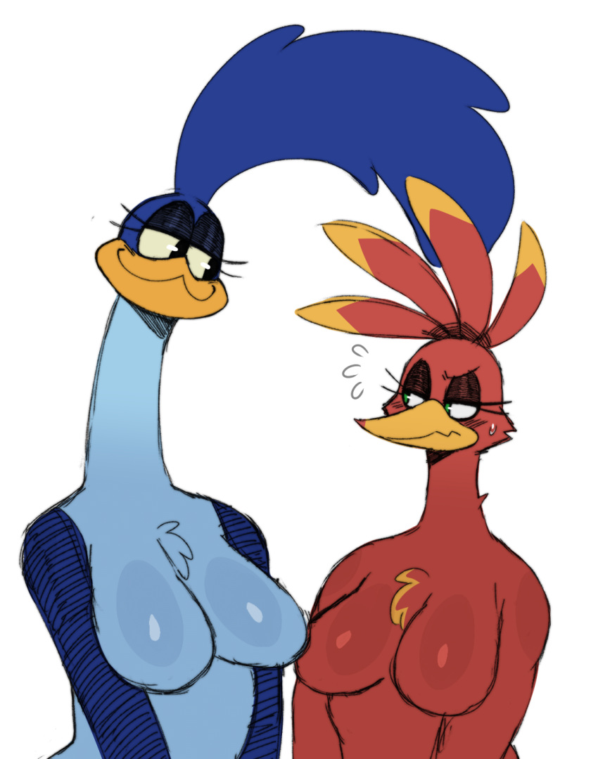 2024 anthro avian banjo-kazooie beak bear big_breasts bird blue_body blue_feathers blush bodily_fluids breasts breegull chest_tuft colored_sketch cuculiform duo eyelashes feathers featureless_breasts female front_view frown greater_roadrunner green_eyes head_feathers hi_res kazooie long_eyelashes looking_at_another looking_down_at_another looney_tunes mammal narrowed_eyes new_world_ground_cuckoo rareware red_body red_feathers road_runner_(looney_tunes) roadrunner simple_background sketch smile sssonic2 standing sweat sweatdrop tuft warner_brothers white_background