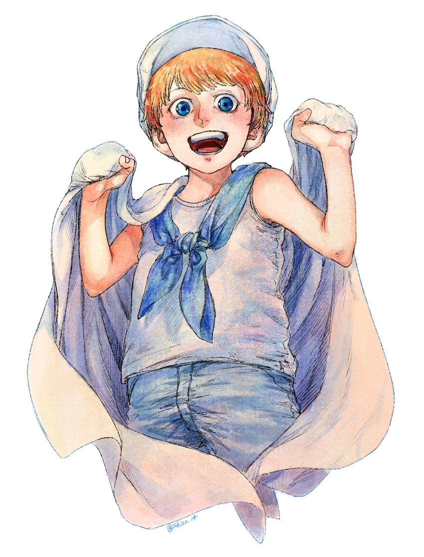 1boy aged_down blanket blue_eyes blue_neckerchief blue_pants blush child cropped_legs eyelashes hat highres looking_at_viewer male_focus neckerchief one_piece open_mouth orange_hair pants shiso_i4 short_hair signature simple_background solo teeth traditional_media white_background white_hat x_drake