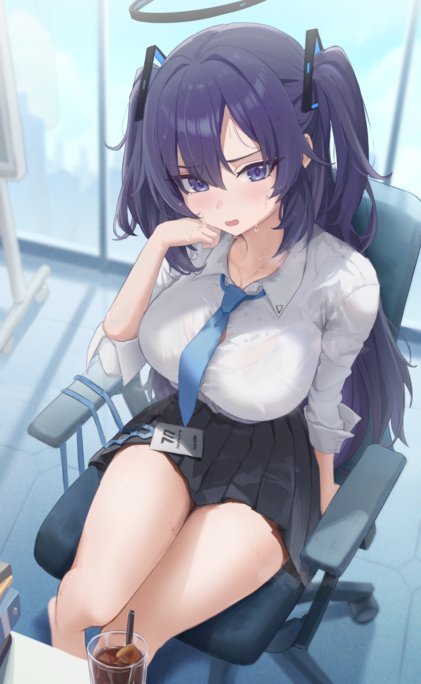 1girl absurdres bare_legs barefoot black_skirt blue_archive blue_necktie blush breasts halo highres icetea774 indoors lanyard large_breasts long_hair looking_at_viewer miniskirt necktie pleated_skirt purple_eyes purple_hair shirt shirt_tucked_in sitting skirt solo sweat sweaty_clothes two_side_up very_long_hair white_shirt yuuka_(blue_archive)