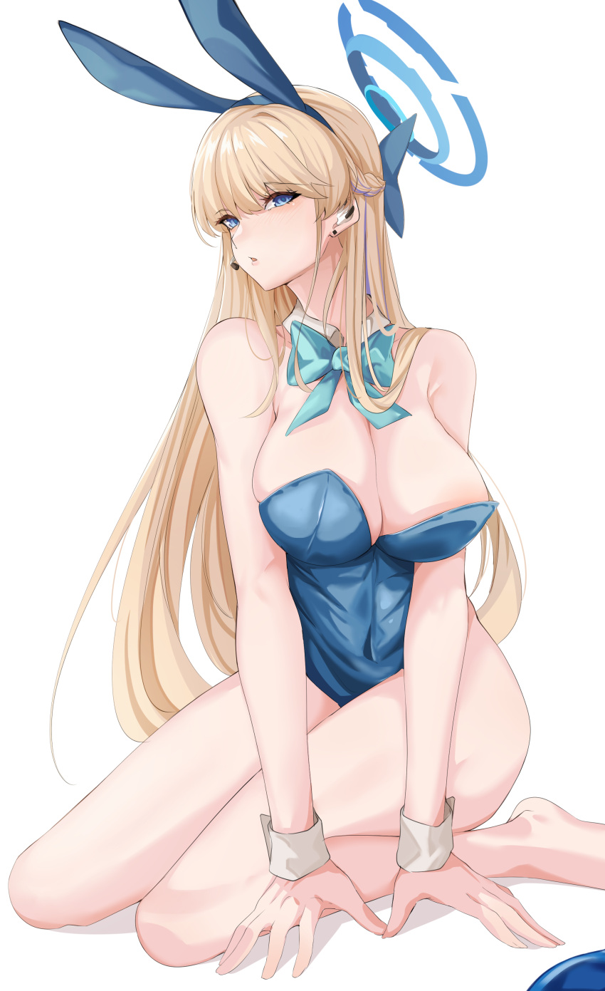 1girl :o absurdres animal_ear_hairband animal_ears aqua_bow aqua_bowtie bare_legs blonde_hair blue_archive blue_eyes blue_leotard bow bowtie braid breasts closed_mouth detached_collar earrings fake_animal_ears hairband halo headset highres jewelry kneeling large_breasts leotard long_hair looking_at_viewer official_alternate_costume playboy_bunny rabbit_ear_hairband rabbit_ears simple_background solo strapless strapless_leotard stud_earrings toki_(blue_archive) toki_(bunny)_(blue_archive) vanko_(vank0a) very_long_hair white_background wrist_cuffs