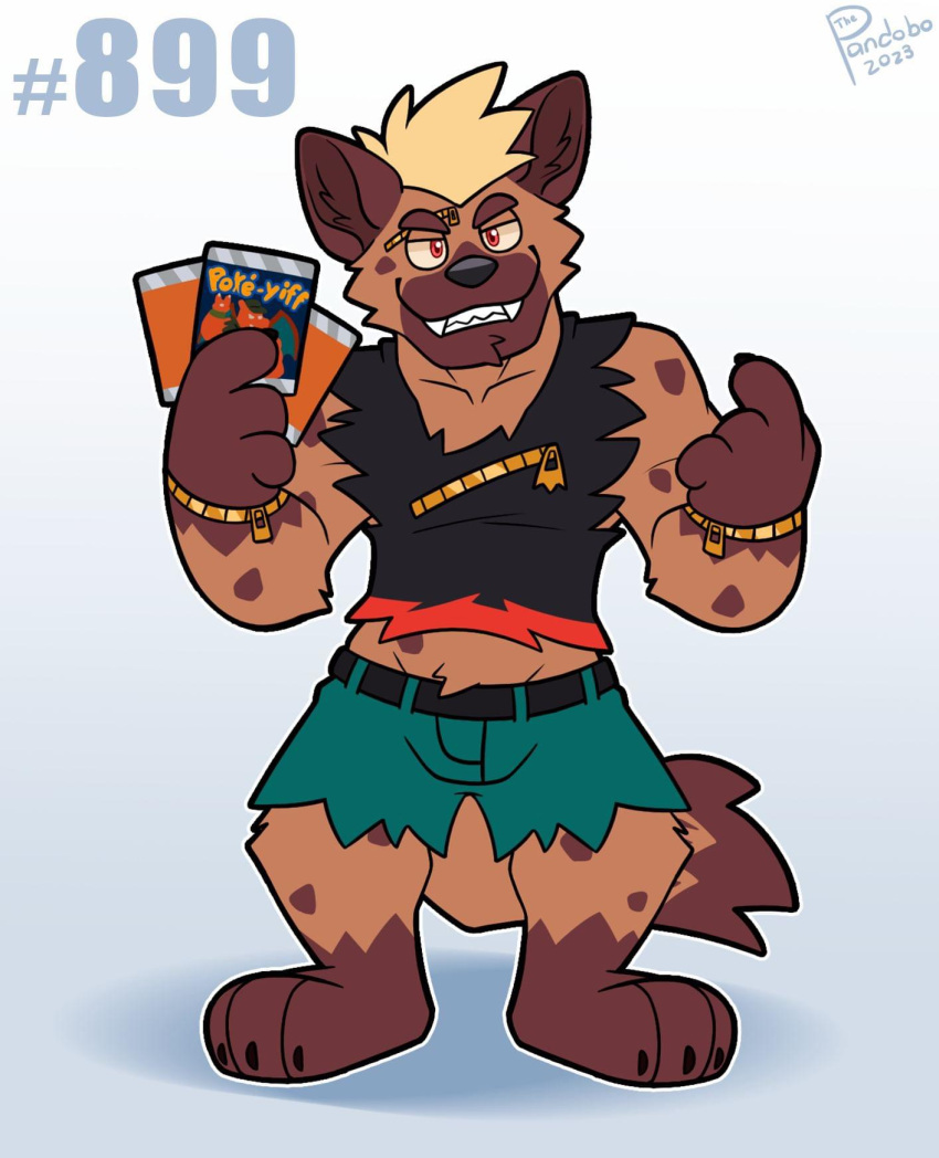 anthro belt bottomwear clothing eye_scar facial_scar green_bottomwear green_clothing green_shorts hi_res hyena male mammal mohawk nintendo pokemon pokemon_card red_eyes scar shirt shorts solo spots spotted_hyena tank_top thepandobo topwear zipper zipper_hyena