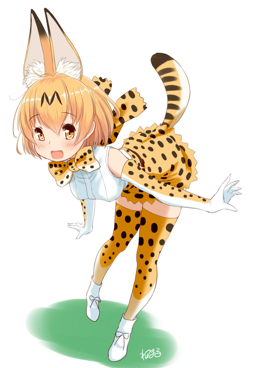 1girl animal_ears artist_name blonde_hair bow bowtie commentary elbow_gloves extra_ears gloves high-waist_skirt highres kemono_friends leaning_forward looking_at_viewer miniskirt open_mouth print_bow print_bowtie print_gloves print_thighhighs retsumaru serval_(kemono_friends) serval_print shirt shoes short_hair signature simple_background skirt sleeveless sleeveless_shirt smile solo standing tail thighhighs white_background white_footwear white_shirt yellow_bow yellow_bowtie yellow_eyes yellow_gloves yellow_skirt yellow_thighhighs