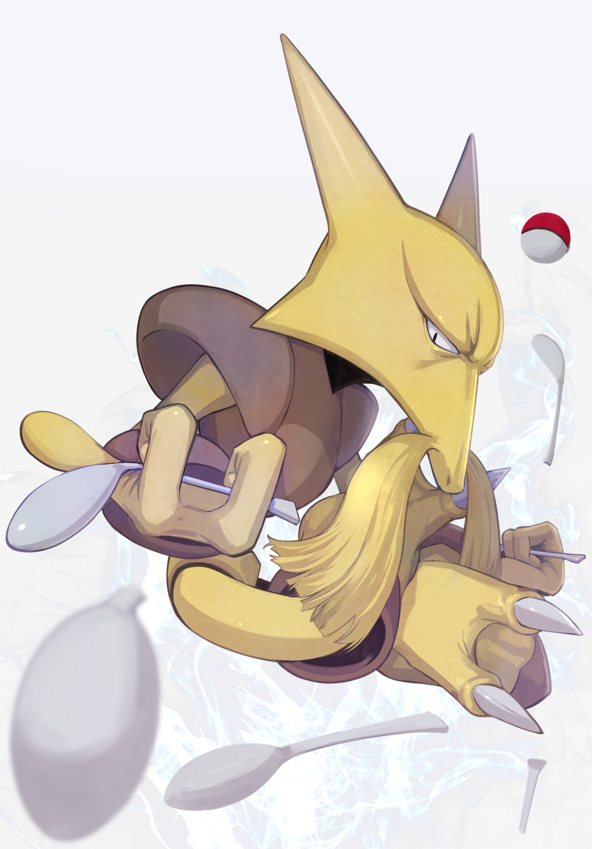 absurdres alakazam claws facial_hair floating full_body highres holding holding_spoon kikken looking_at_viewer looking_to_the_side mustache poke_ball poke_ball_(basic) pokemon pokemon_(creature) psychic shoulder_pads simple_background solo spoon