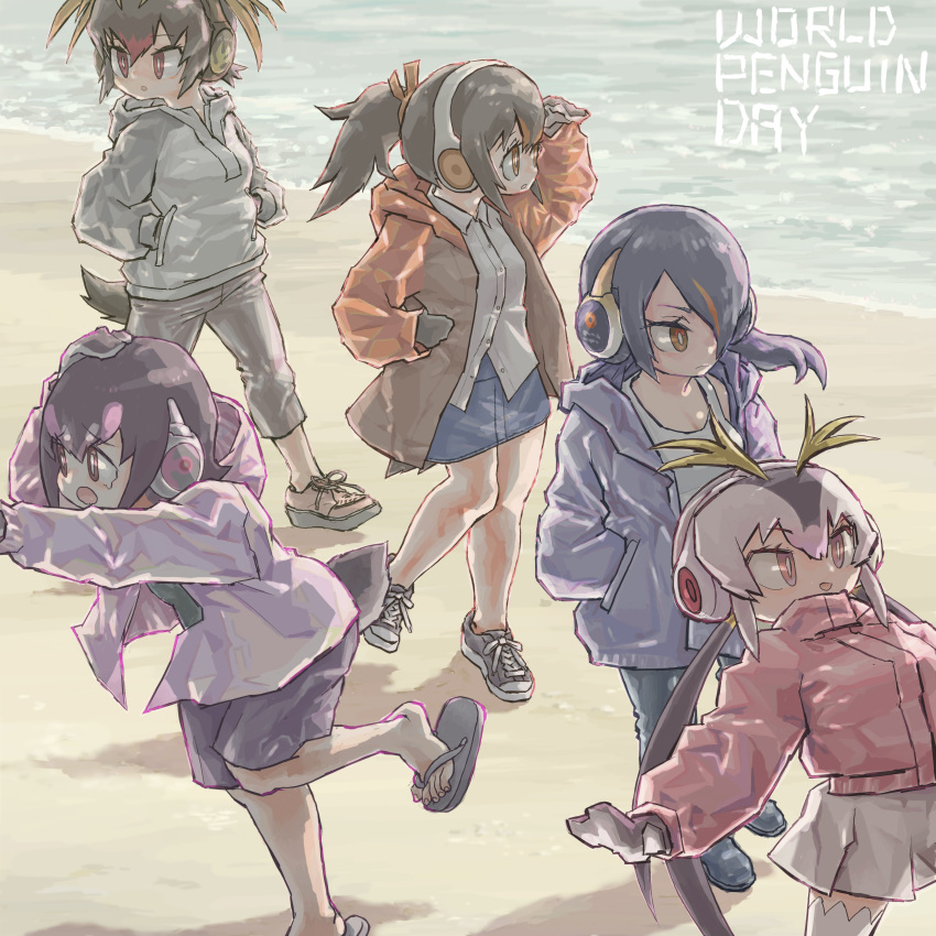 5girls absurdres bara_bara_(pop_pop) beach black_hair emperor_penguin_(kemono_friends) gentoo_penguin_(kemono_friends) gloves headphones highres hood hoodie humboldt_penguin_(kemono_friends) jacket kemono_friends long_hair multicolored_hair multiple_girls outdoors pants penguin_girl penguin_tail rockhopper_penguin_(kemono_friends) royal_penguin_(kemono_friends) sandals shirt shoes short_hair skirt tail thighhighs