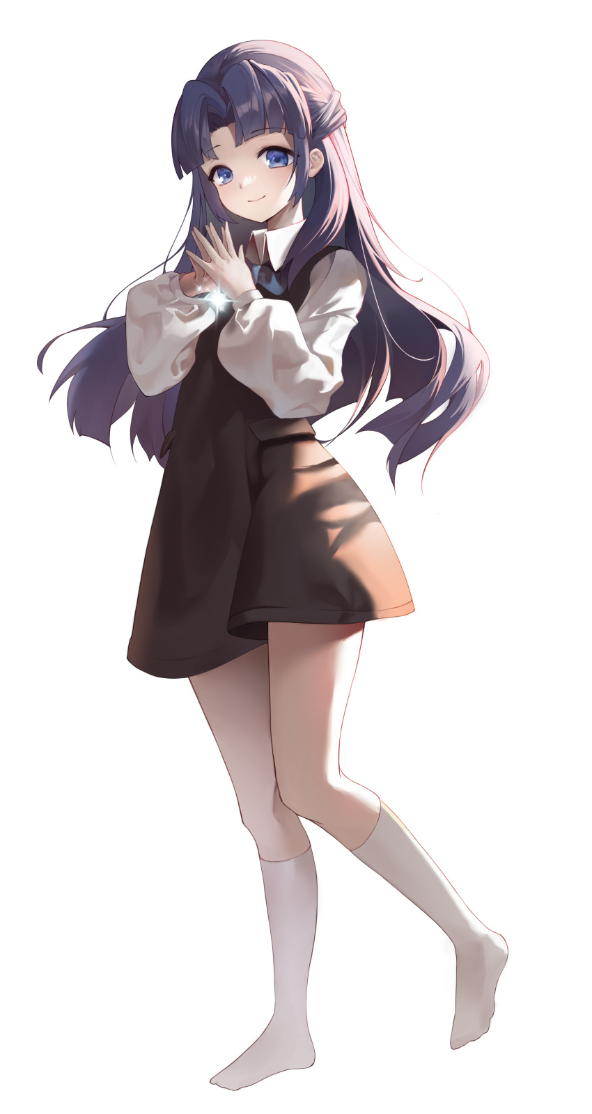 1girl absurdres asakura_ryouko black_dress blue_eyes blue_hair dress full_body highres kanoina kneehighs long_hair long_sleeves looking_at_viewer parted_bangs shirt simple_background socks solo standing suzumiya_haruhi_no_yuuutsu white_background white_shirt white_socks