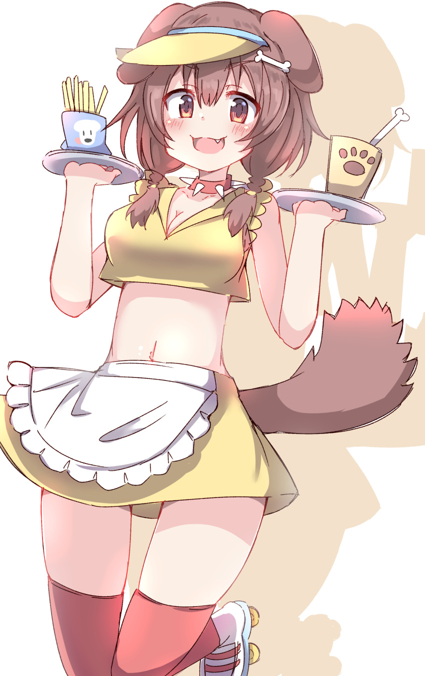 1girl :d absurdres animal_ears apron bare_arms bare_shoulders blush bone_hair_ornament braid breasts brown_eyes brown_hair cartoon_bone cleavage commentary_request crop_top dog_ears dog_girl dog_tail doggy_god's_street drop_shadow fang food french_fries frilled_apron frills hair_ornament hair_over_shoulder highres holding holding_tray hololive inugami_korone looking_at_viewer low_twintails medium_breasts midriff navel official_alternate_costume red_thighhighs roller_skates shirt skates skirt sleeveless sleeveless_shirt smile solo standing standing_on_one_leg tail thighhighs tray twin_braids twintails umberblack virtual_youtuber visor_cap waist_apron white_apron white_background white_footwear yellow_shirt yellow_skirt