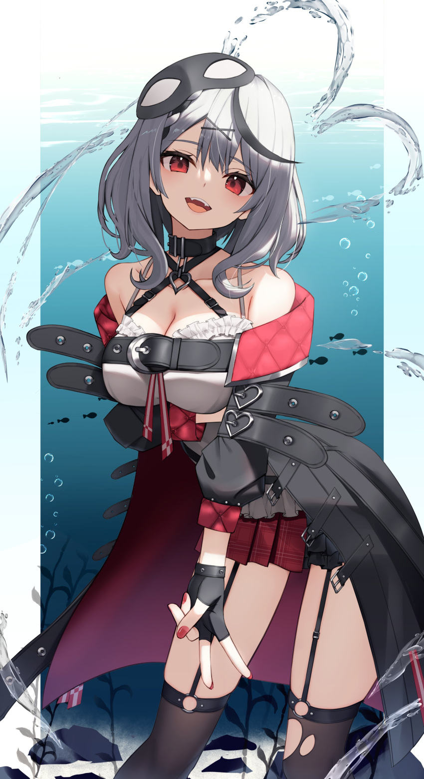 1girl absurdres bare_shoulders black_gloves black_hair black_thighhighs breasts camisole cleavage coat fingerless_gloves garter_straps gloves grey_hair hair_ornament highres hololive large_breasts long_sleeves looking_at_viewer medium_hair multicolored_hair open_clothes open_coat open_mouth red_eyes red_nails red_skirt sakamata_chloe sakamata_chloe_(1st_costume) sidelocks skirt smile solo standing streaked_hair thighhighs thomas_8000 torn_clothes torn_thighhighs v virtual_youtuber white_camisole x_hair_ornament