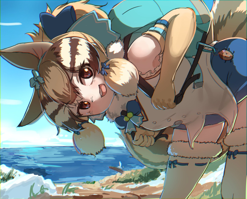 1girl animal_ears bag belt brown_eyes brown_hair chipmunk_ears chipmunk_girl chipmunk_tail elbow_gloves extra_ears gloves highres kemono_friends kemono_friends_v_project looking_at_viewer microphone okyao outdoors ribbon shirt short_hair shorts siberian_chipmunk_(kemono_friends) sleeveless sleeveless_shirt solo tail thighhighs vest virtual_youtuber