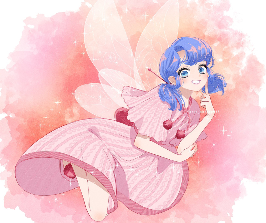 1girl blue_eyes blue_hair dress fairy fairy_wings happy highres light_blush looking_at_viewer marinette_dupain-cheng miraculous_ladybug pink_background pink_dress seio_(nao_miragggcc45) short_twintails smile solo teeth twintails wings wool