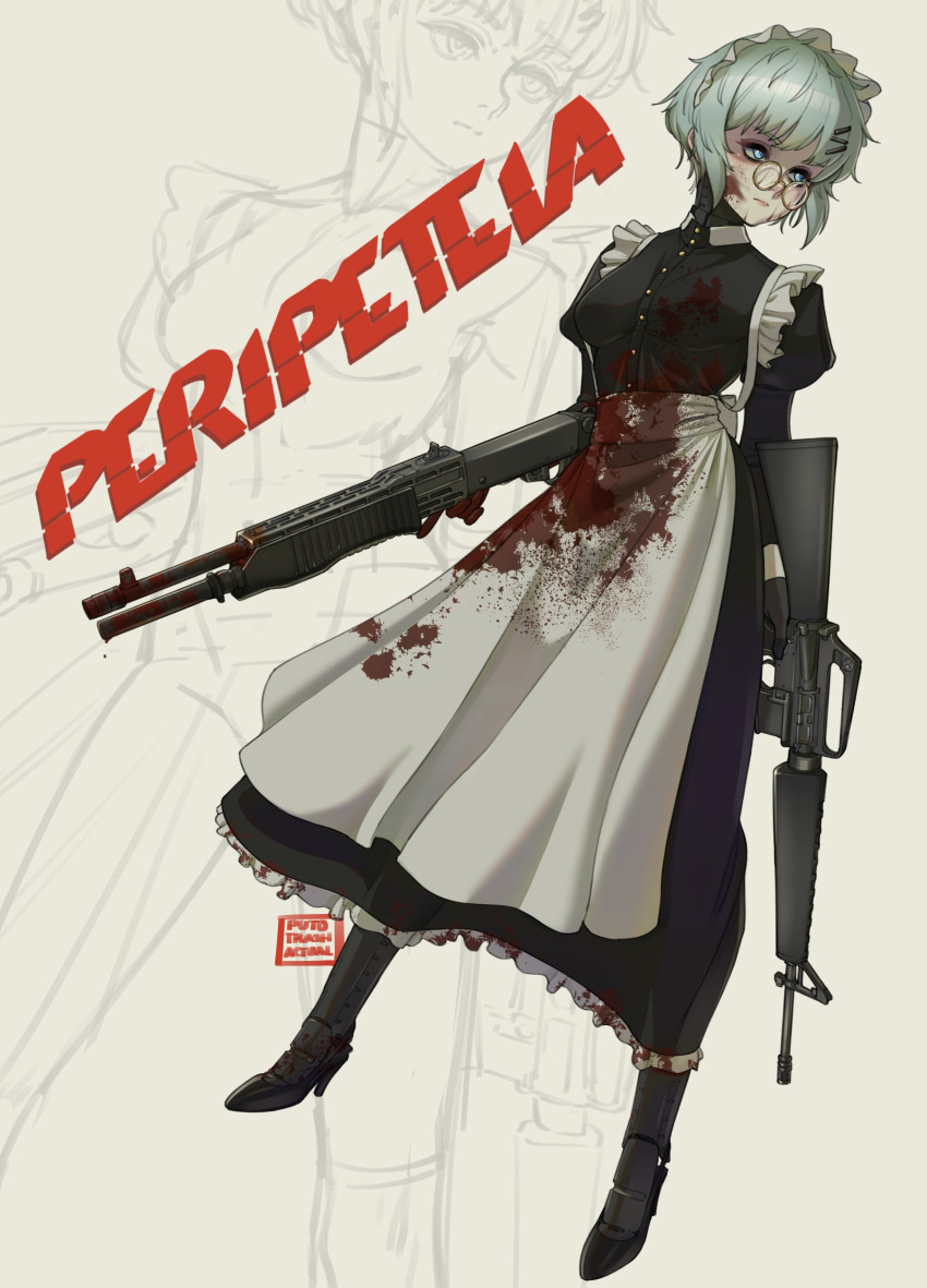1girl absurdres alternate_costume apron artist_name assault_rifle asymmetrical_gloves bespectacled black_dress black_footwear black_gloves blood blood_on_clothes blood_on_face blood_on_gun blood_on_weapon blue_eyes breasts copyright_name cyborg dress dual_wielding english_commentary enmaided expressionless full_body glasses gloves green_hair gun hair_ornament hairpin high_heels highres holding m16 maid maid_headdress marie_(peripeteia) mechanical_legs mismatched_gloves multiple_hairpins peripeteia pump_action puto_trash red_gloves rifle shoes short_hair shotgun solo spas-12 waist_apron weapon white_apron