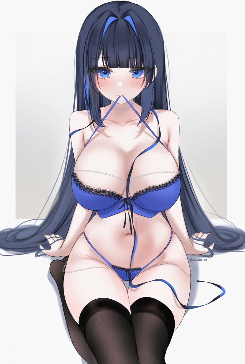 1girl acedia black_hair black_thighhighs blue_bra blue_eyes blue_hair blue_panties blunt_bangs blush bra breasts chain hair_intakes highres hololive hololive_english lace-trimmed_bra lace-trimmed_panties lace_trim large_breasts lingerie long_hair looking_at_viewer mouth_hold navel ouro_kronii panties simple_background sitting skindentation solo stomach strapless strapless_bra string_panties thighhighs twitter_username underwear underwear_only very_long_hair virtual_youtuber white_background