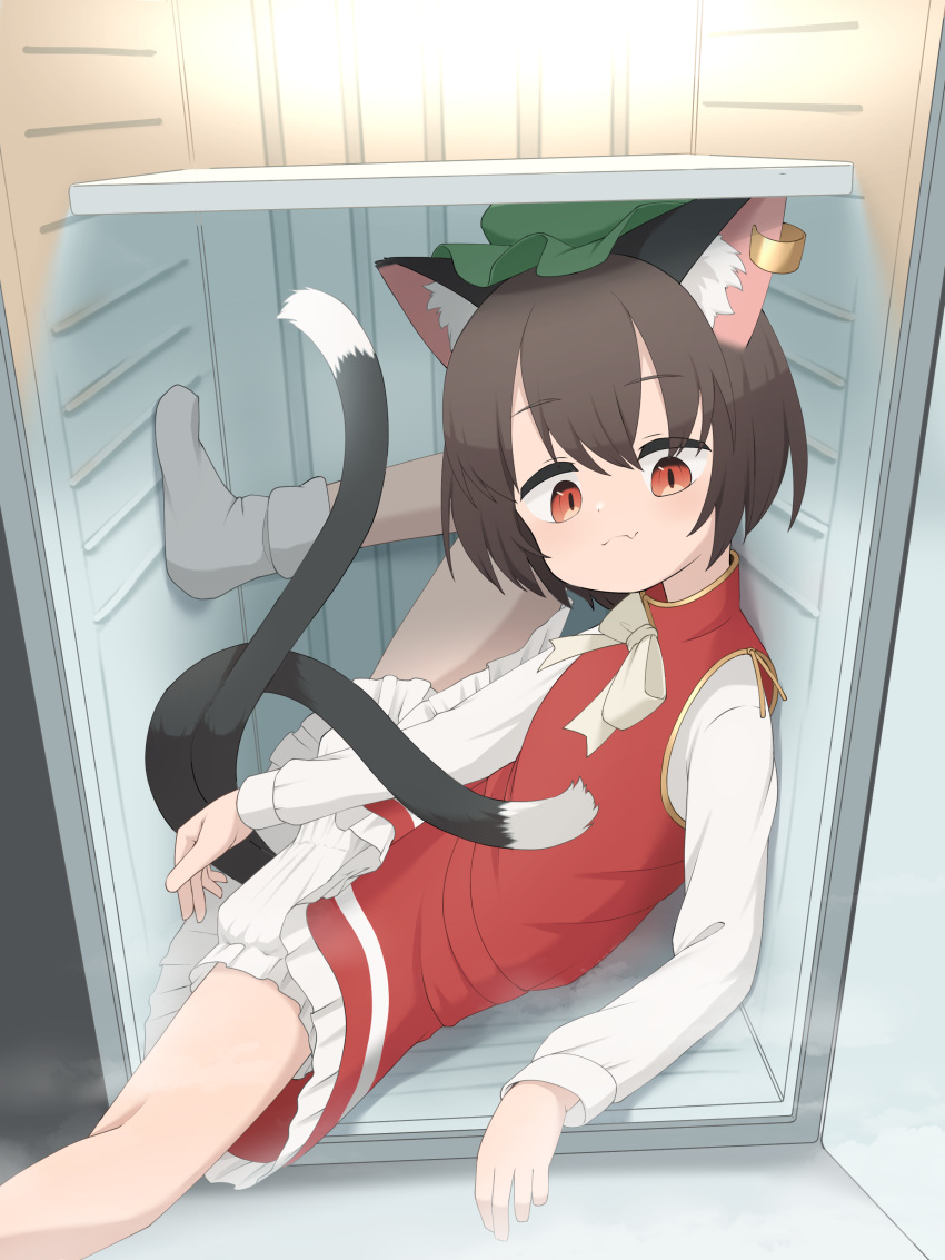 1girl absurdres animal_ear_piercing animal_ears asakura_haru bloomers brown_eyes brown_hair cat_ears cat_tail chen commentary earrings english_commentary fang green_hat hat highres indoors jewelry leg_up long_sleeves looking_at_viewer mob_cap multiple_tails nekomata photo-referenced red_shirt refrigerator shirt short_hair single_earring skin_fang sleeveless sleeveless_shirt socks solo spread_legs tail thighs touhou white_bloomers white_socks