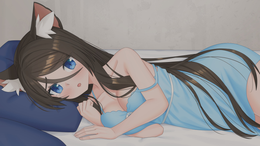 1girl :o aina_(mao_lian) animal_ear_fluff animal_ears blue_dress blue_eyes blush breasts brown_hair cat_ears cleavage dress hair_between_eyes highres indoors large_breasts long_hair looking_at_viewer lying mao_lian_(nekokao) on_bed on_side original pillow pov_across_bed short_dress strap_slip very_long_hair