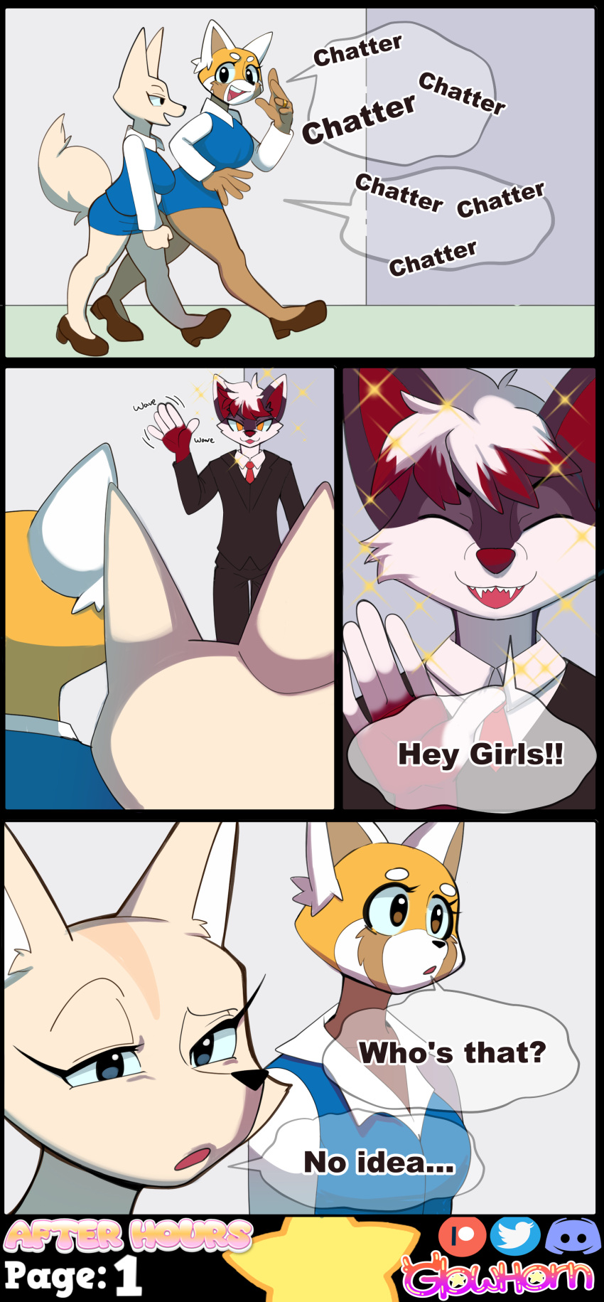 absurd_res aggretsuko ailurid anthro artifact_the_fox big_tail black_body black_eyes black_fur blue_eyes brown_body brown_eyes brown_fur canid canine clothed_breasts clothing collared_shirt comic dialogue digit_ring duo english_text eyes_closed female fennec_fox fenneko fox fur gesture glowhorn group hair hallway hi_res jewelry male male/female mammal married_woman necktie office_clothing open_mouth orange_body orange_fur red_body red_fur red_hair red_panda retsuko ring sanrio sharp_teeth simple_background smile sparkles suit suspicious tail talking_to_another teeth text trio true_fox walking waving waving_hand wedding_ring white_body white_fur white_hair work_uniform