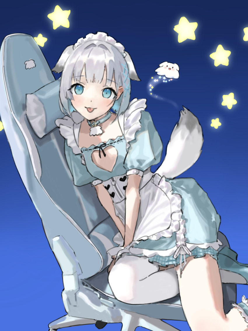 1girl absurdres animal_ears apron aqua_eyes blue_background blue_footwear blush chair cleavage_cutout clothing_cutout dog_ears dress flat_chest frilled_apron frilled_dress frills gradient_background grey_hair heart_cutout highres hiramedousa indie_virtual_youtuber light_blue_dress looking_at_viewer mofuri_wanco shoes short_hair single_thighhigh solo star_(symbol) thighhighs tongue tongue_out white_apron white_thighhighs