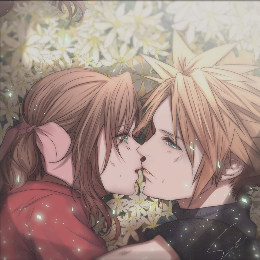 1boy 1girl aerith_gainsborough armor blonde_hair blue_eyes blush braid braided_ponytail brown_hair cloud_strife couple earrings final_fantasy final_fantasy_vii final_fantasy_vii_rebirth final_fantasy_vii_remake flower_bed green_eyes hair_ribbon half-closed_eyes hetero highres imminent_kiss jacket jewelry long_hair looking_at_another parted_bangs parted_lips pink_ribbon red_jacket ribbon short_hair shoulder_armor sidelocks signature single_braid single_earring spiked_hair turtleneck upper_body wavy_hair yuu_crazy_doll_sae