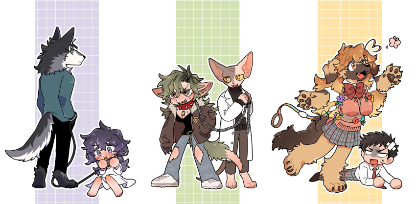 3boys 3girls ahoge animal_collar animal_ears animal_feet animal_hands bandaid bandaid_on_head barefoot black_hair black_shirt black_sweater blank_eyes blue_shirt blush body_fur brown_eyes brown_fur brown_hair brown_jacket brown_pants bug butterfly cat_boy cat_ears cat_tail chain chain_leash chasing chest_harness claws closed_mouth coat collar collared_coat colored_sclera commentary_request deformed denim dog_ears dog_girl dog_tail dress fangs floppy_ears full_body fur-trimmed_jacket fur_trim furry furry_female furry_male green_eyes green_hair grey_background grey_eyes grey_fur grey_skirt grid_background hand_in_pocket hands_in_pockets hands_up harness heart heart_ahoge highres holding holding_leash jacket jeans leash long_hair long_sleeves looking_at_another looking_at_viewer looking_back lying multicolored_hair multiple_boys multiple_girls on_stomach open_mouth original pants plaid plaid_skirt purple_background purple_hair rata_(norahasu) red_collar running school_uniform shirt shoes short_hair short_sleeves sitting skirt slit_pupils sneakers sphinx spiked_collar spikes standing streaked_hair sweater tail torn_clothes torn_jeans torn_pants turtleneck turtleneck_sweater very_short_hair werewolf white_background white_coat white_dress white_footwear wolf_boy wolf_ears wolf_tail yellow_background yellow_eyes yellow_sclera