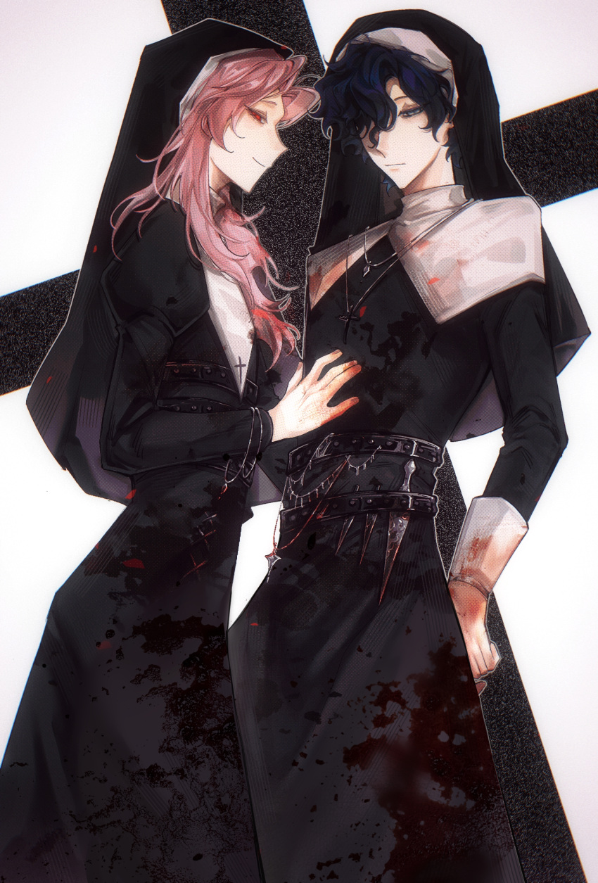 2boys black_dress blood blood_on_clothes blood_on_hands blue_hair chinese_commentary closed_mouth commentary_request dark_blue_hair dress habit hair_over_one_eye hatsutori_hajime highres long_hair male_focus multiple_boys nun pink_hair puffy_short_sleeves puffy_sleeves red_eyes saibou_shinkyoku short_hair short_sleeves smile sputniklover-1 traditional_nun utsugi_noriyuki