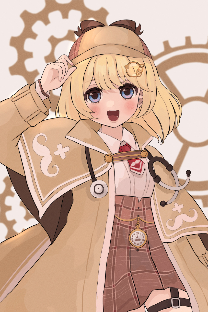 1girl :d absurdres adjusting_clothes adjusting_headwear blonde_hair blue_eyes blush brown_capelet brown_coat brown_hat brown_skirt capelet coat collared_shirt commentary_request deerstalker hair_ornament hand_on_headwear hand_up hat high-waist_skirt highres hololive hololive_english looking_at_viewer medium_hair necktie open_mouth plaid plaid_skirt pocket_watch red_necktie shirt short_necktie skirt smile solo stethoscope thigh_strap virtual_youtuber watch watson_amelia watson_amelia_(1st_costume) white_shirt yanagi_arisa