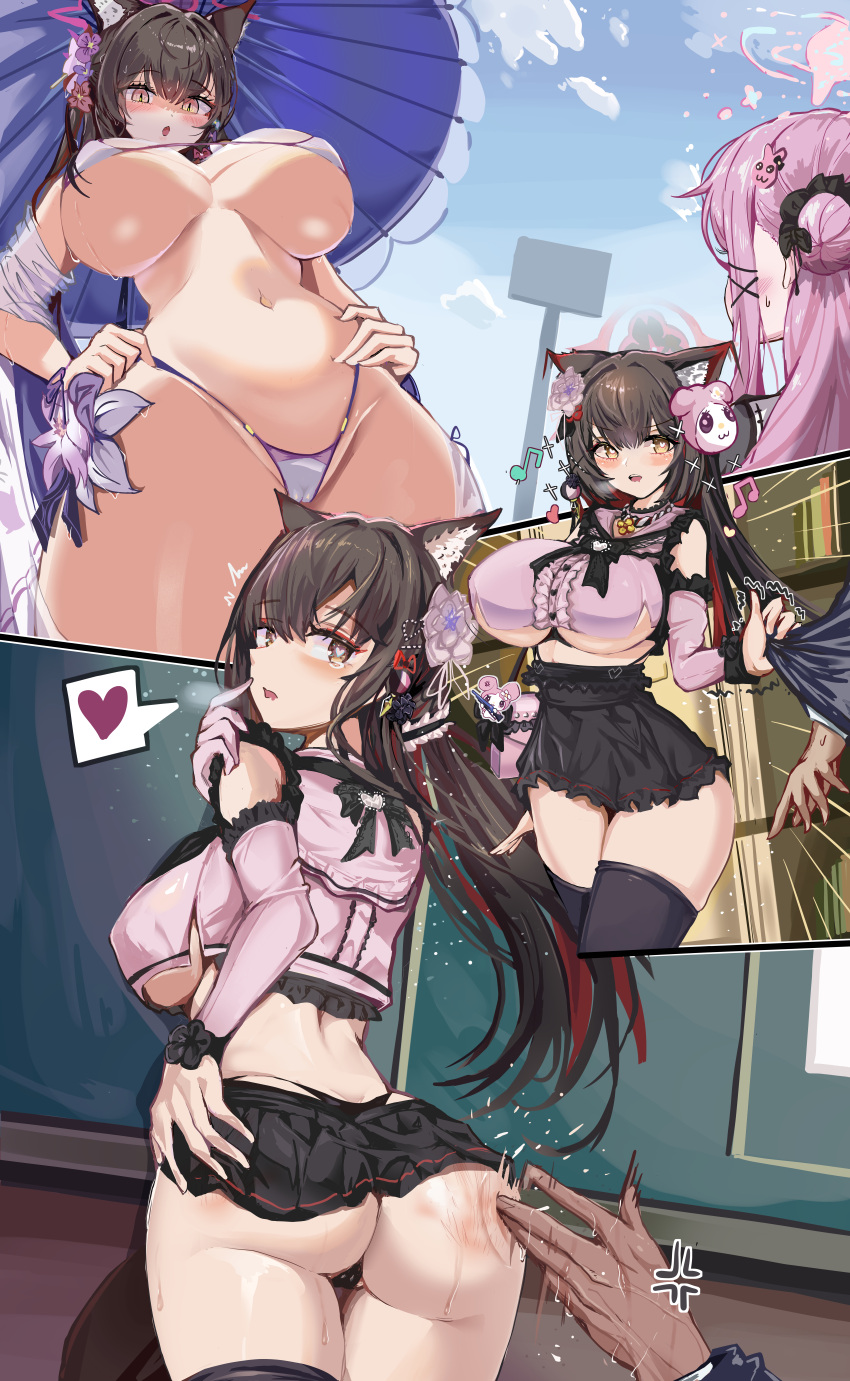 1boy 2girls absurdres anger_vein animal_ear_fluff animal_ears ass bikini black_hair black_panties black_skirt black_thighhighs blue_archive blush breasts cameltoe clothes_grab cowboy_shot crop_top detached_sleeves flower fox_ears fox_girl from_below hair_bun hair_flower hair_ornament halo hands_on_own_hips heart heart-shaped_pupils highres incredibly_absurdres large_breasts long_hair looking_back looking_down mika_(blue_archive) multiple_girls musical_note navel open_mouth oshiokitime panties parasol pink_hair pink_halo red_halo simple_background single_side_bun skirt slap_mark spanked speech_bubble spoken_heart sweat swimsuit symbol-shaped_pupils thighhighs umbrella underwear wakamo_(blue_archive) wakamo_(swimsuit)_(blue_archive) white_background white_bikini yellow_eyes