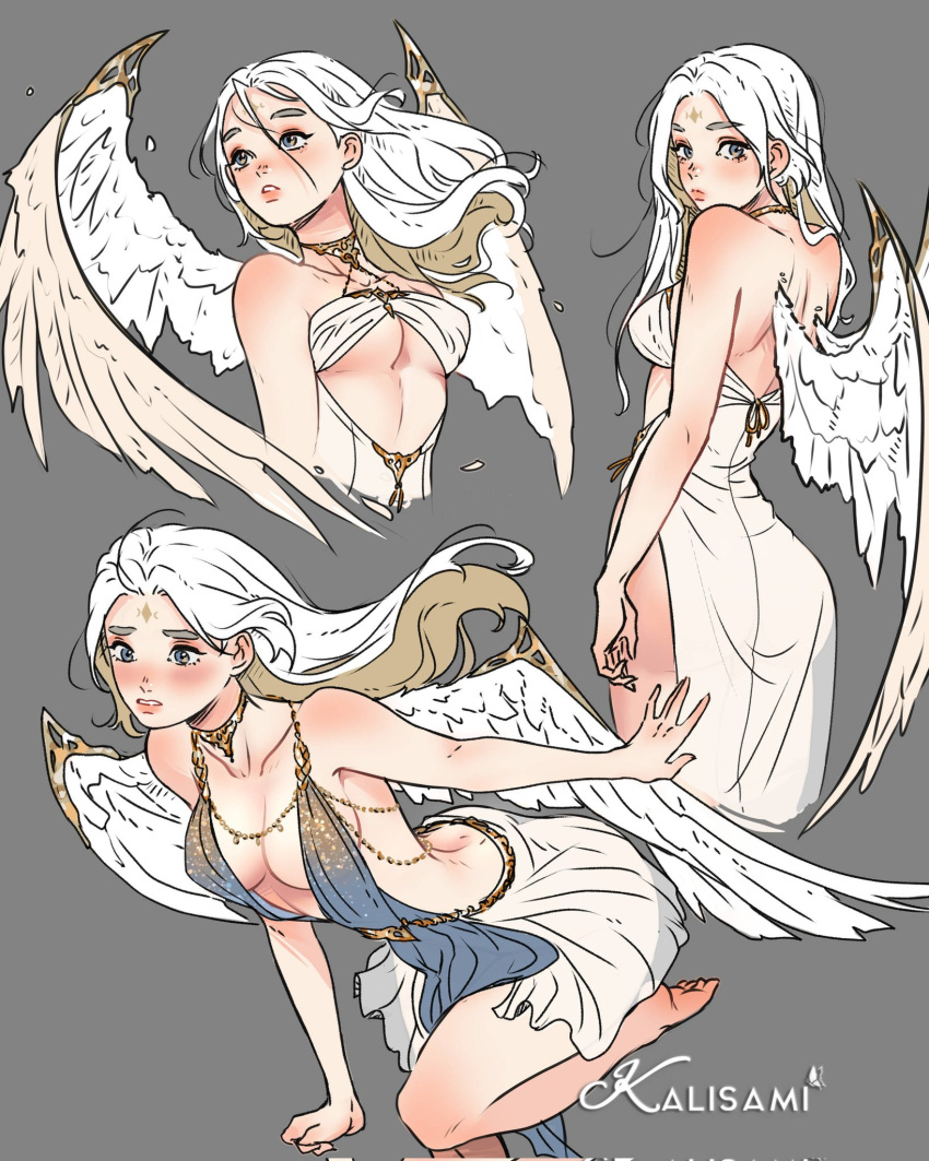 1girl angel angel_wings ass back backless_dress backless_outfit bare_arms bare_shoulders blue_eyes blush breasts closed_mouth collarbone dress highres kalisami1 long_hair looking_at_viewer looking_back multiple_views sideboob simple_background sleeveless solo standing underboob white_hair white_wings wings