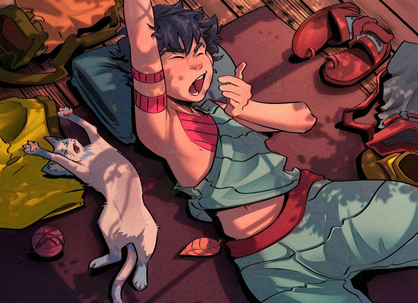 1boy ;o arms_up black_hair cat child commentary english_commentary gabrl_art highres lying male_focus messy_hair midriff morning navel on_back one_eye_closed open_mouth original pajamas pillow sandals sleeveless stretching teeth waking_up yawning