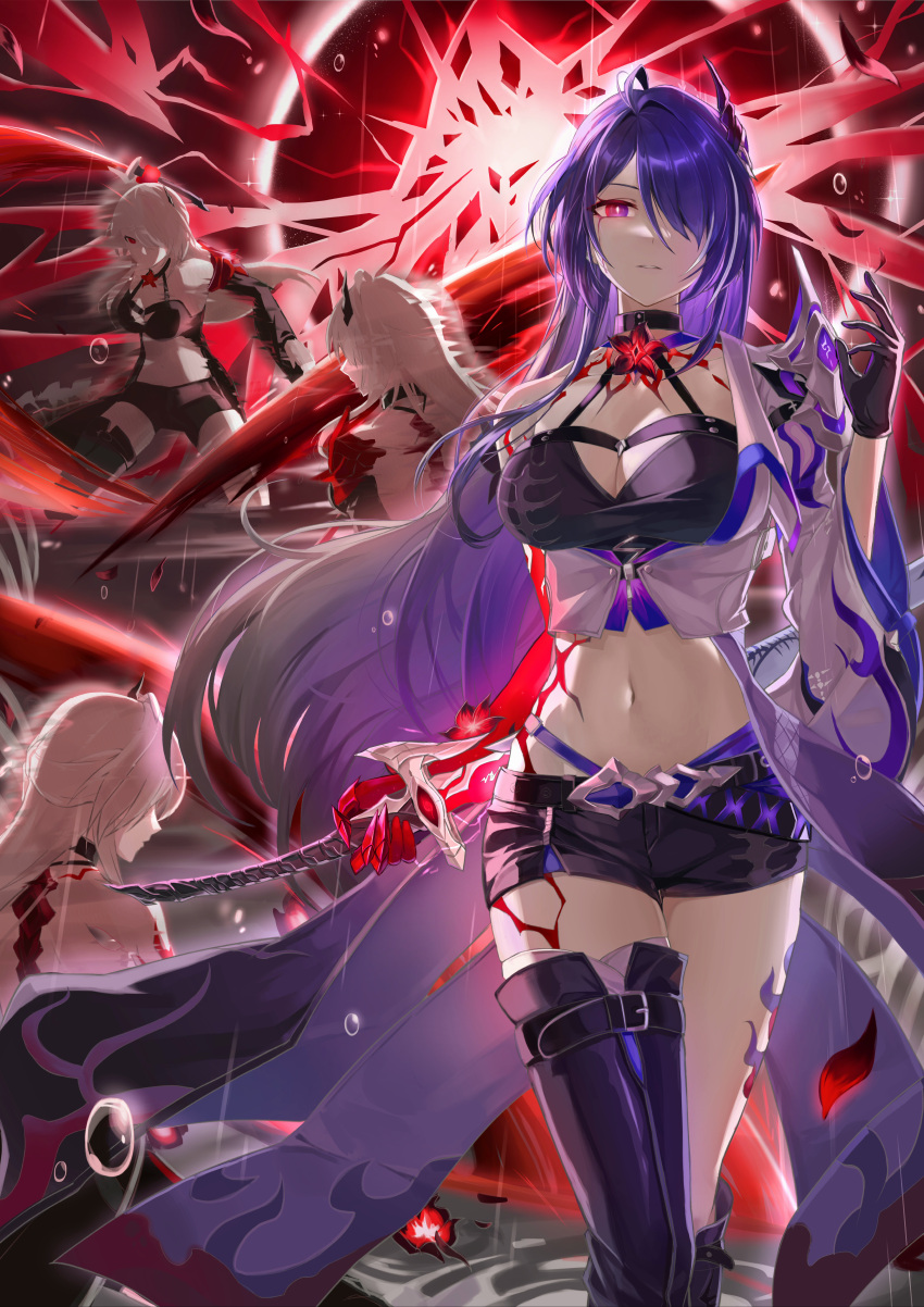 1girl absurdres acheron_(honkai:_star_rail) ahoge armor asymmetrical_footwear back bandaged_leg bandages belt black_belt black_choker black_coat black_footwear black_gloves black_shorts blood blood_from_eyes body_markings boots breasts bright_pupils bwalg_(aftv5725) choker cleavage coat coattails cowboy_shot criss-cross_halter facing_away facing_to_the_side flower gloves glowing glowing_weapon hair_ornament hair_over_one_eye halterneck highres holding holding_sword holding_weapon honkai:_star_rail honkai_(series) katana knee_boots large_breasts leg_tattoo looking_at_viewer markings midriff multicolored_eyes multicolored_hair multiple_views navel official_alternate_color parted_lips petals purple_eyes purple_hair rain red_eyes red_flower scabbard sheath shorts shoulder_armor single_bare_shoulder single_glove single_knee_boot single_thigh_boot streaked_hair sword tattoo thigh_boots thighs water water_drop weapon white_coat white_hair white_pupils