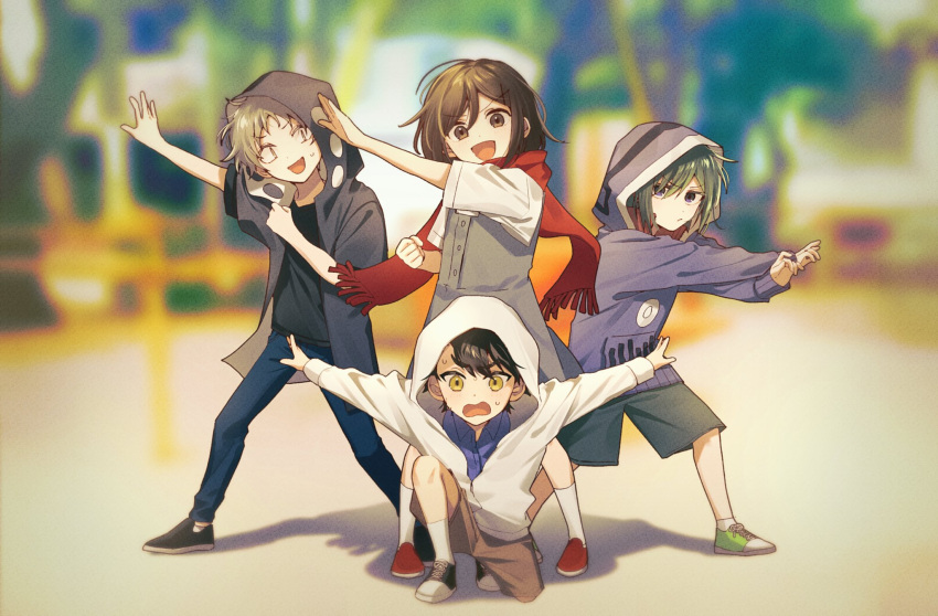 2boys 2girls aged_down ayano_no_koufuku_riron_(vocaloid) black_footwear black_hair black_hoodie black_shirt black_shorts blonde_hair blue_pants blue_shirt blurry blurry_background brown_eyes brown_hair brown_shorts collared_shirt dress dynamic_pose green_footwear green_hair grey_dress hair_ornament hairclip highres hood hoodie kagerou_project kano_shuuya kido_tsubomi long_scarf long_sleeves mokemoke_chan multiple_boys multiple_girls pants purple_eyes purple_hoodie red_scarf scarf seto_kousuke shirt shoes short_sleeves shorts sneakers sweat tateyama_ayano white_hoodie white_shirt yellow_eyes