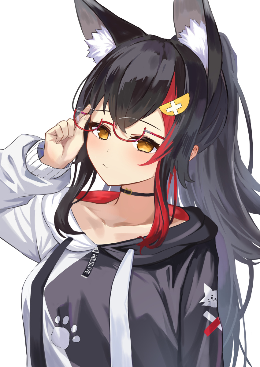 1girl :/ absurdres adjusting_eyewear animal_ear_fluff animal_ears arm_up black_collar black_hair black_hoodie breasts collar drawstring extra_ears flipped_hair glasses hair_ornament hairclip hashtag-only_commentary high_ponytail highres hololive hood hoodie large_breasts light_blush long_hair long_sleeves looking_at_viewer multicolored_hair nana_(oyoy12345678) official_alternate_costume ookami_mio ookami_mio_(casual) paw_print red-framed_eyewear red_streaks semi-rimless_eyewear sidelocks simple_background solo spiked_hair streaked_hair two-tone_hoodie under-rim_eyewear upper_body virtual_youtuber white_background white_hoodie wolf_ears wolf_girl yellow_eyes