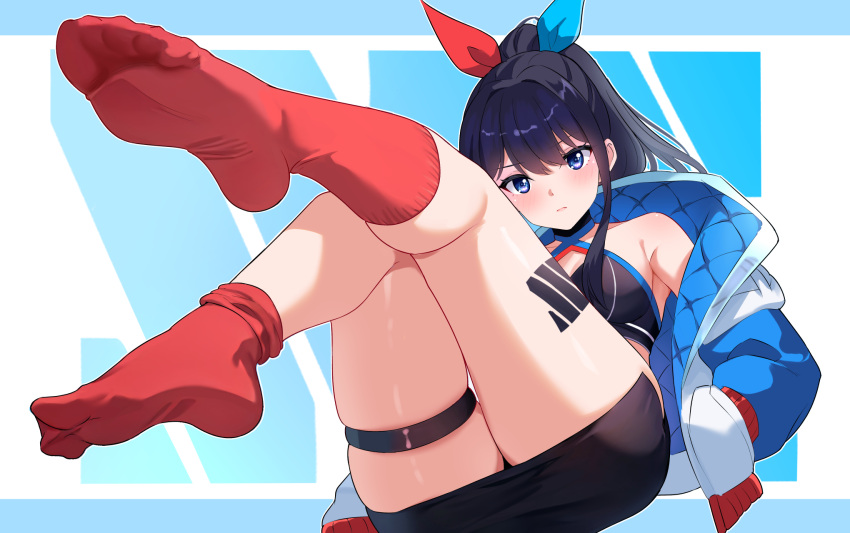 1girl bare_shoulders black_hair black_skirt black_sports_bra blue_eyes blue_jacket blush breasts closed_mouth criss-cross_halter feet gher5555 gridman_universe hair_between_eyes hair_ribbon halterneck hands_in_pockets highres jacket legs long_hair looking_at_viewer medium_breasts microskirt official_alternate_costume official_alternate_hairstyle ponytail red_socks ribbon skindentation skirt socks soles solo sports_bra ssss.gridman takarada_rikka thick_thighs thigh_strap thighs toes