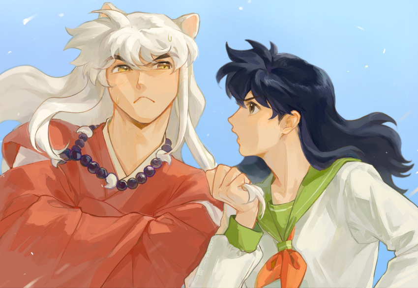 1boy 1girl animal_ears bead_necklace beads black_hair blue_background breasts brown_eyes crossed_arms dog_boy dog_ears frown grabbing_another's_hair green_sailor_collar hair_between_eyes highres higurashi_kagome inuyasha inuyasha_(character) japanese_clothes jewelry long_hair long_sleeves medium_breasts neckerchief necklace open_mouth orange_eyes red_neckerchief red_shirt sailor_collar school_uniform shirt sidelocks slit_pupils sweatdrop tooth_necklace upper_body white_hair white_shirt wide_sleeves yuyu452261486