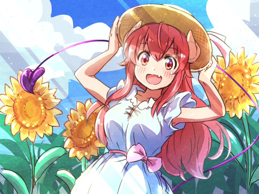 1girl :d alternate_costume arms_up blush bow brown_eyes commentary_request cowboy_shot day demon_girl demon_horns demon_tail fang field flower flower_field hair_between_eyes hands_on_headwear happy hat highres horns icorasama light_particles long_hair looking_at_viewer machikado_mazoku open_mouth outdoors pink_bow red_hair shirt short_sleeves sidelocks skin_fang smile solo straw_hat sunflower sunflower_field sunlight tail tail_raised tareme very_long_hair white_shirt yoshida_yuuko_(machikado_mazoku)