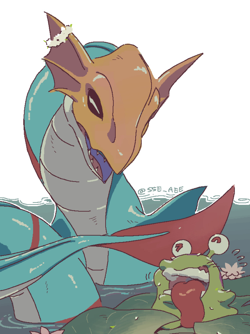 artist_name digimon digimon_(creature) flower highres no_humans numemon open_mouth pink_flower red_eyes sea_serpent seadramon sharp_teeth smile sse_aee teeth tongue tongue_out water