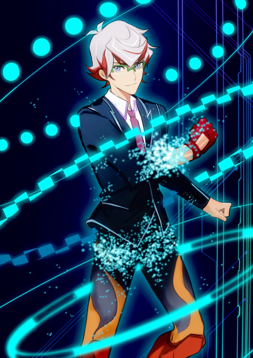 1boy absurdres bad_id bad_lofter_id black_jacket blue_background blue_eyes clenched_hands collared_shirt cyberspace glasses gloves green-framed_eyewear grey_hair hand_up henshin highres homura_takeru jacket looking_at_viewer male_focus multicolored_hair naoki_(2rzmcaizerails6) necktie purple_necktie rectangular_eyewear red_gloves red_hair shirt short_hair single_glove smile solo transformation upper_body white_shirt yu-gi-oh! yu-gi-oh!_vrains