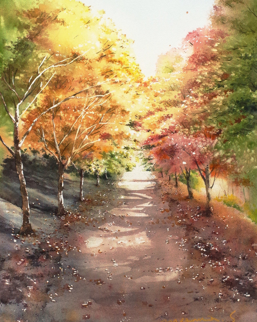 autumn_leaves blue_sky dappled_sunlight day highres leaf maple_leaf maple_tree nature no_humans original painting_(medium) path plant scenery shimizu_megumi_(m_acquerello) sky sunlight traditional_media tree watercolor_(medium)