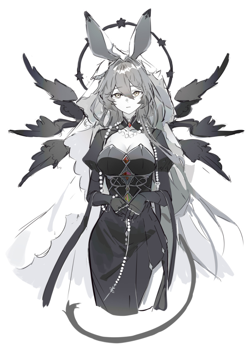 1girl animal_ears arknights black_shrug breasts brooch cleavage collarbone cropped_legs dorothy_(arknights) dorothy_(hand_of_destiny)_(arknights) dot_nose dress greyscale hair_between_eyes halo highres jewelry long_dress looking_at_viewer monochrome mouse_ears mouse_girl mouse_tail necklace parted_lips side_slit sidelocks solo spot_color straight-on strapless strapless_dress tail toga_(toganawa)